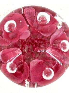 Joe St Clair 1979 Glass Paperweight 2.75" Pink Clear Floral Bubbles